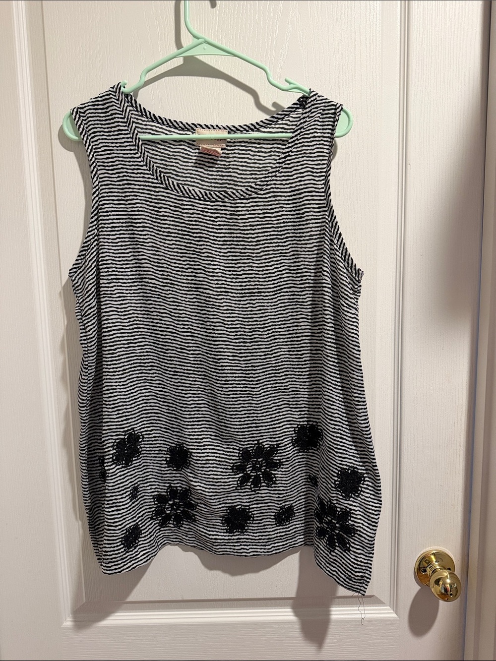 Striped Black & White Sleeveless Tank with Floral Appliqué